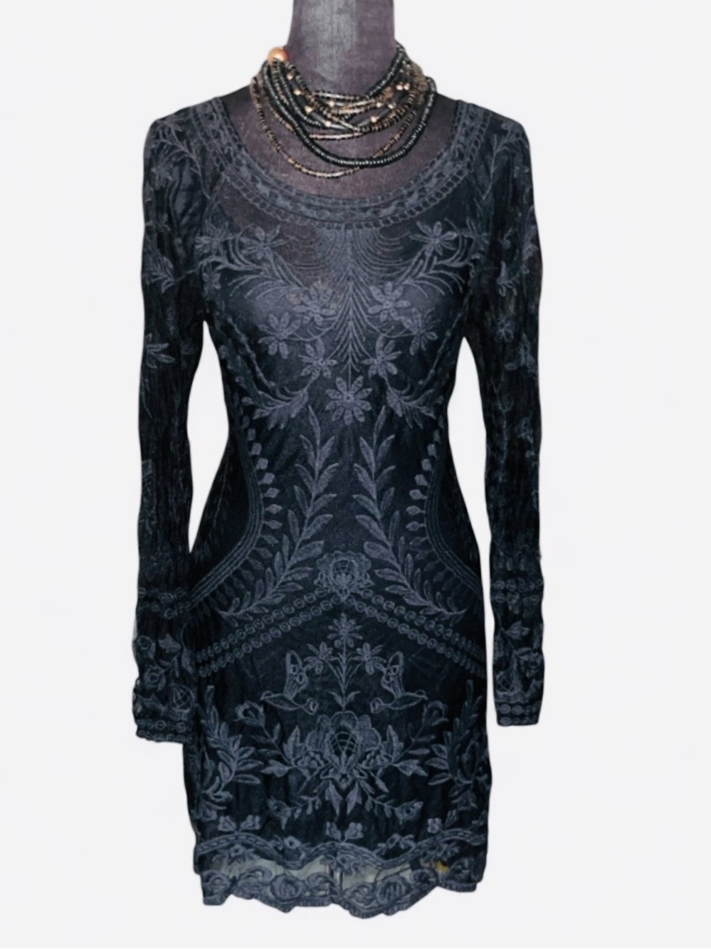 See By Chloe Black Lace-Pattern Long Sleeve Bodycon Dress